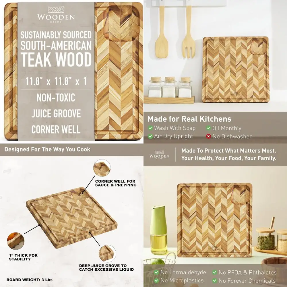 

Small Herringbone Teak Cutting Board with Juice Groove and Corner Well for Kitchen Use