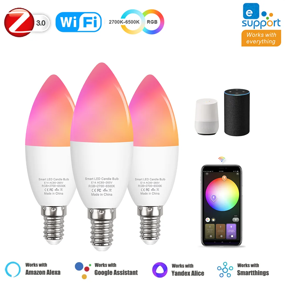 EWelink-bombilla Led inteligente E14 con Wifi, lámpara Zigbee RGB + CW + WW, vela europea, funciona con Alexa, Google Home, Alice, Yandex