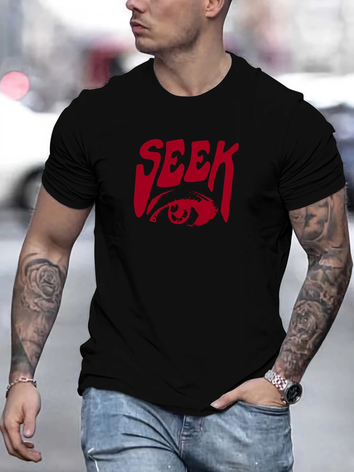

Men's SEEK pattern summer casual crew neck short T-shirt