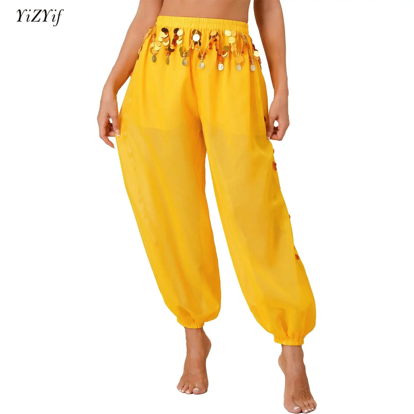 

Womens Belly Dance Costume Chiffon Sequins Side Split Bloomers Trousers Semi See-Though Loose Pants Stage Performance Dancewear