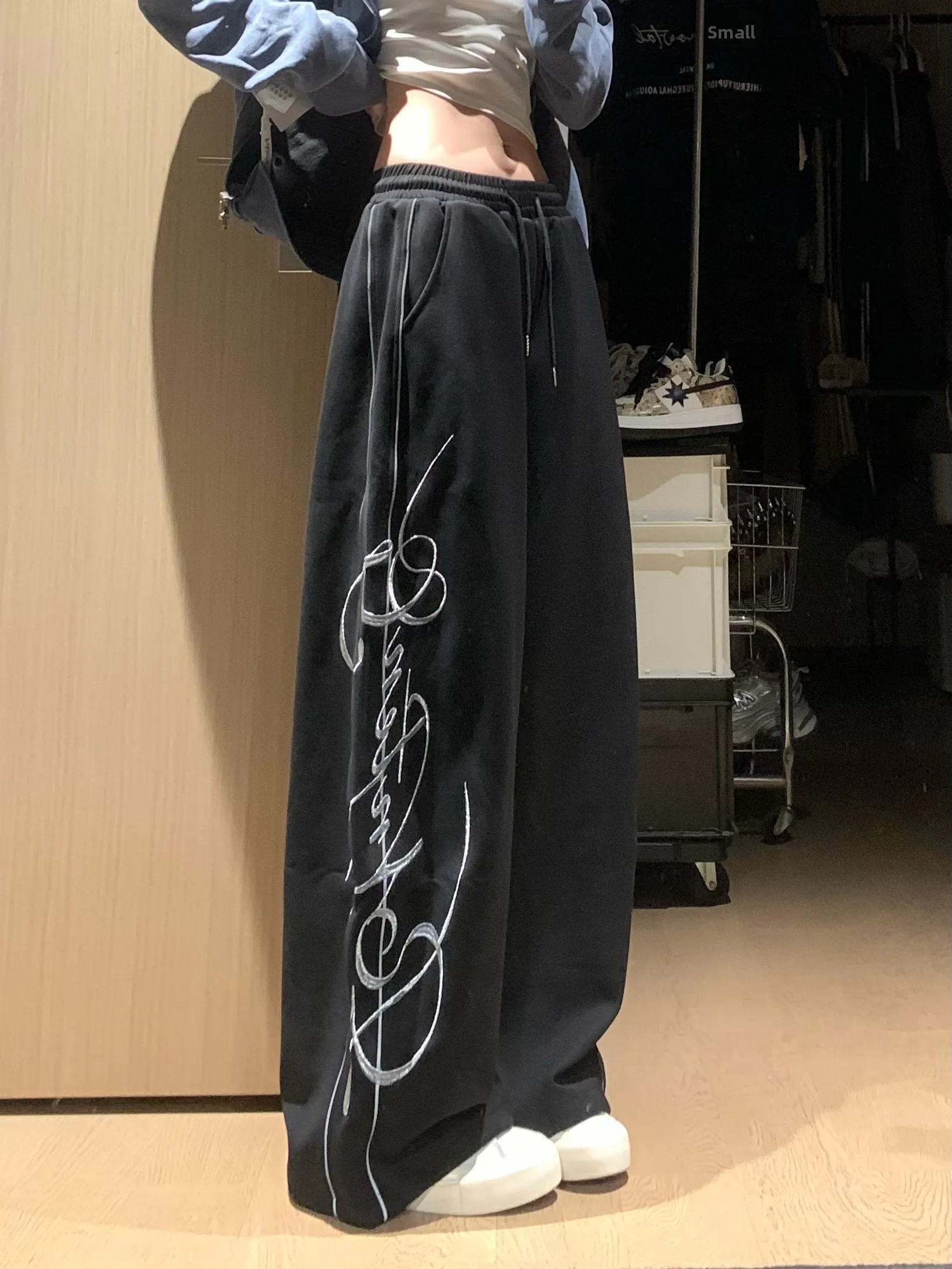 Retro American Spring Autumn Women's Loose Wide Leg Casual Pants Embroidered Letter Striped Sweatpants Comfortable Elastic Waist