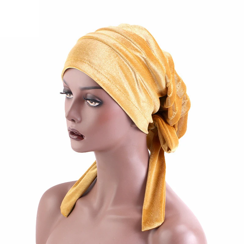 New Women Velvet Rasta Turban Ribbon Head Wrap Beanie Hair Loss Chemo Cap Slouchy Baggy Hijab Bonnet African Nigerian Headwear