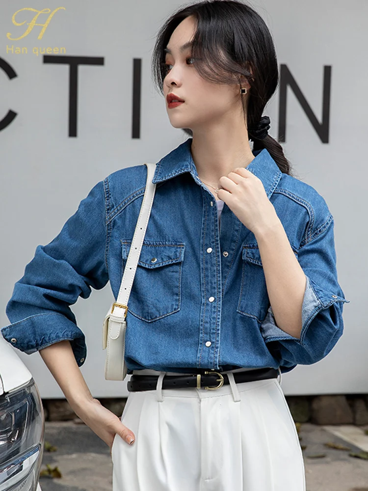 

H Han Queen Autumn Women's Clothing Loose Casual Vintage Blouses Simple Office Tops Elegant Single-Breasted Pocket Denim Shirt