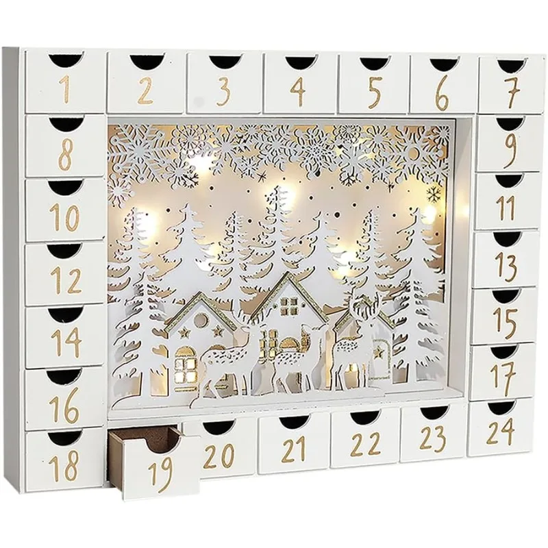 

Christmas Wooden Advent Calendar with 24 Drawers to Fill Small Gifts Christmas Scene with LED Lights Countdown to Christmas