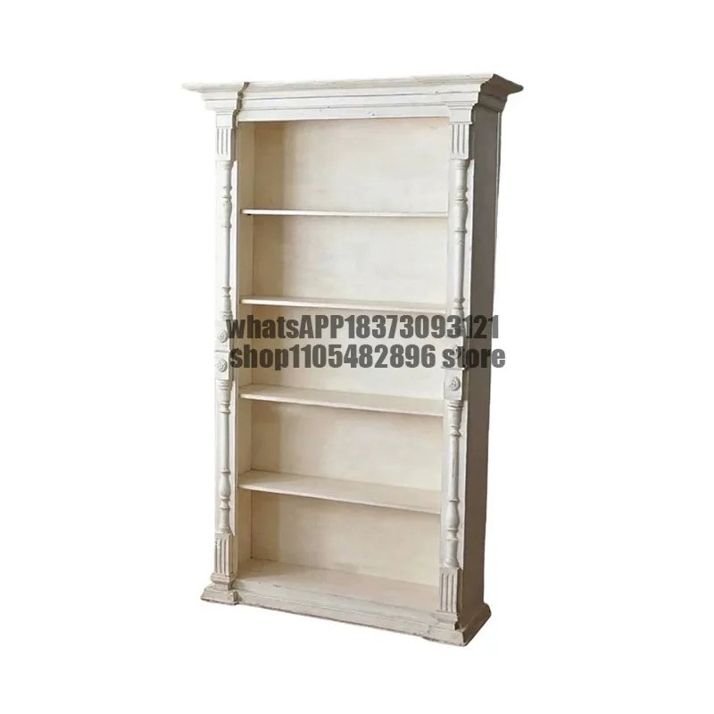 

French retro solid wood bookcase villa living room engraved display cabinet American country ivory white old storage bookshelf