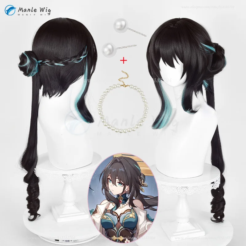 Anime Wigs RUAN MEL Cosplay Wig 70cm Black Highlights Cyan Bun Wig Heat Resistant Synthetic Halloween Women Wigs