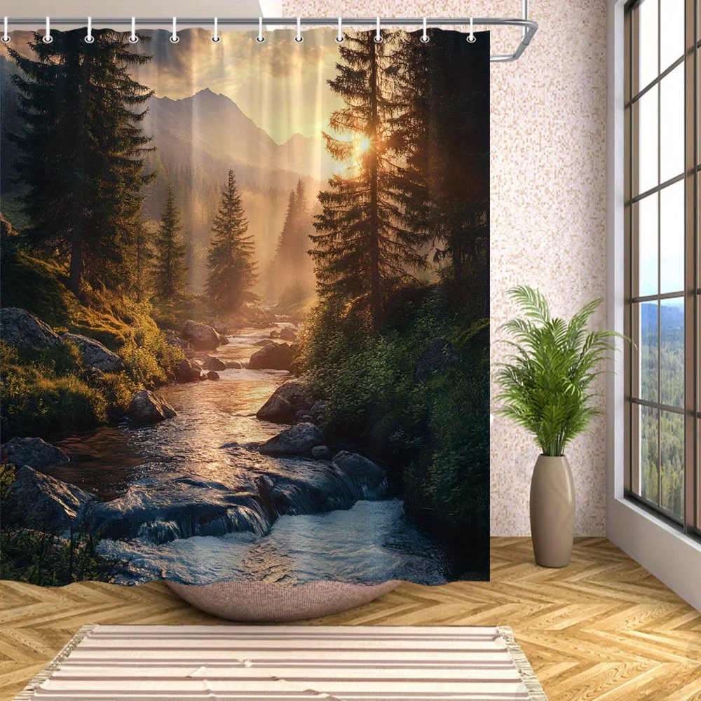 

1 шт. Занавеска для душа Serene Mountain Sunset — декор для ванной комнаты из полиэфирной ткани с пейзажем из сосны Majestic, Golden Sky & Stream Landsc