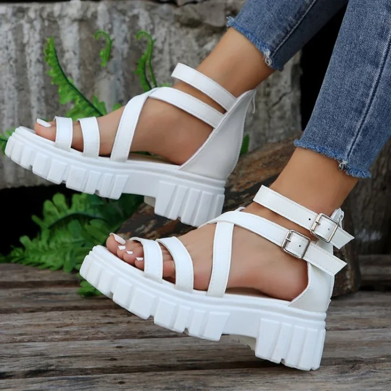 Fashion Chunky High Heels Roman Sandals for Women 2024 Summer Ankle Strap Plarform Sandals Woman Strap Thick Heeled Party Shoes