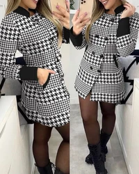 Women's Contrast Paneled Houndstooth Print Pocket Design Coat Autumn Fashion Double Breasted Stand Collar Long Sleeve Long Coat