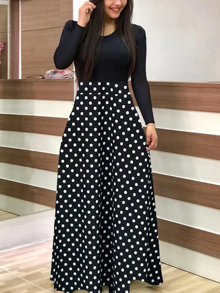 All-season Comfort Polka Dot Maxi Dress - High Waist Elegance, Fit & Flare Style, Durable Knit