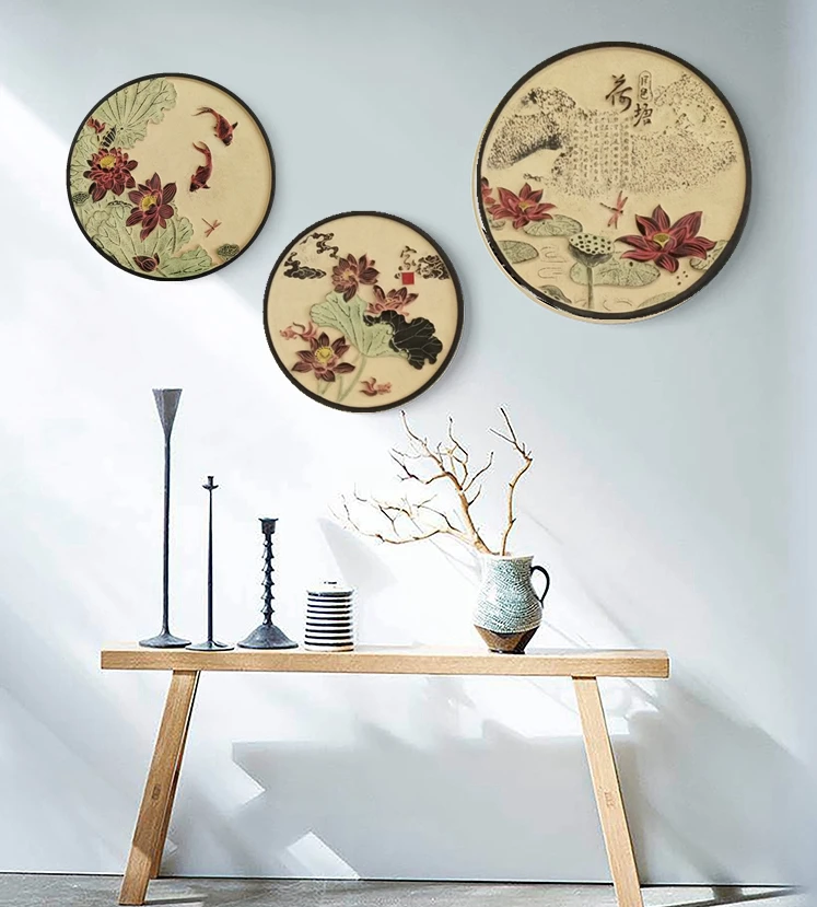 النمط الصيني لوتس مزيج قلادة الجدار الديكور حائط الخلفية ثلاثي الأبعاد باس الإغاثة اللوحة الزخرفية entranc #3