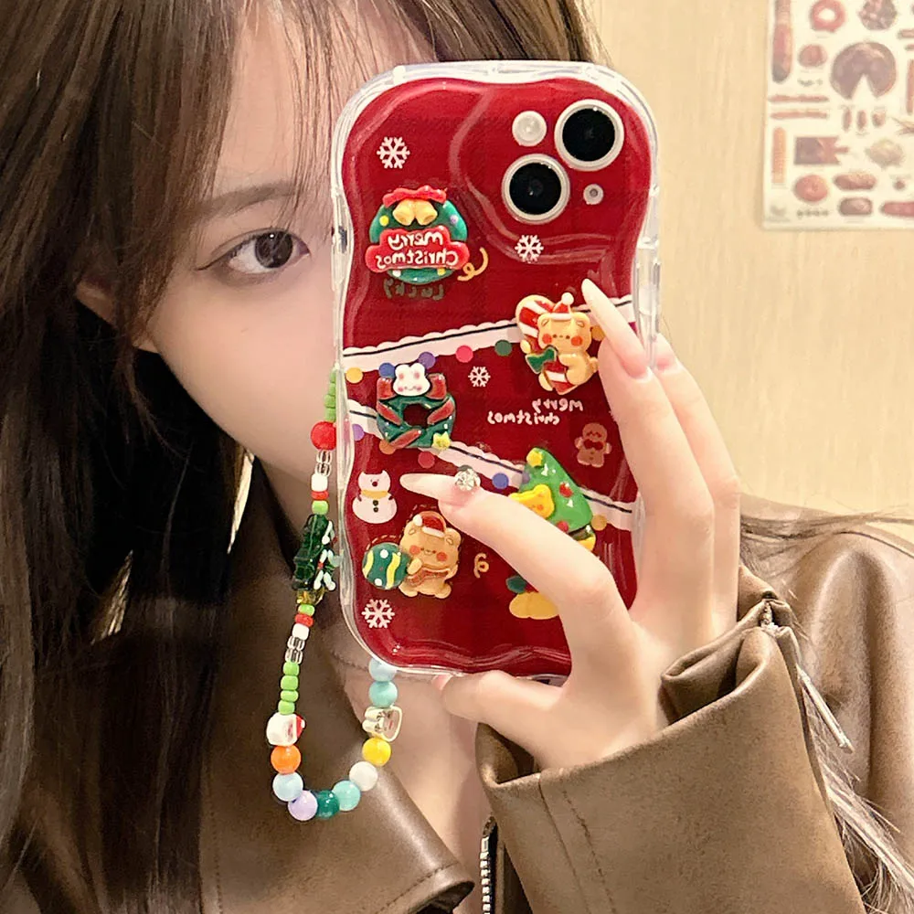 Merry Christmas Tree Cute Cartoon 3D Elk Bear Soft Case For iPhone 15 14 13 12 11 Pro Max 15 Plus Cream Cover with Bracelet Gift