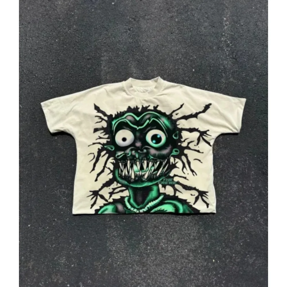 Camiseta con estampado de diablo para hombre, camisa de manga corta informal con cuello redondo, 2K, grafiti, High Street, Hip-Hop, novedad de 2024