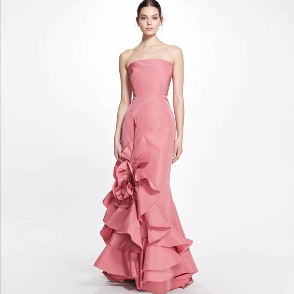 Strapless Pink Satin Dress Handmade Flowers Dress Ruffles Floor Length Evening Dresses For Women Custom Made Gown Elegant