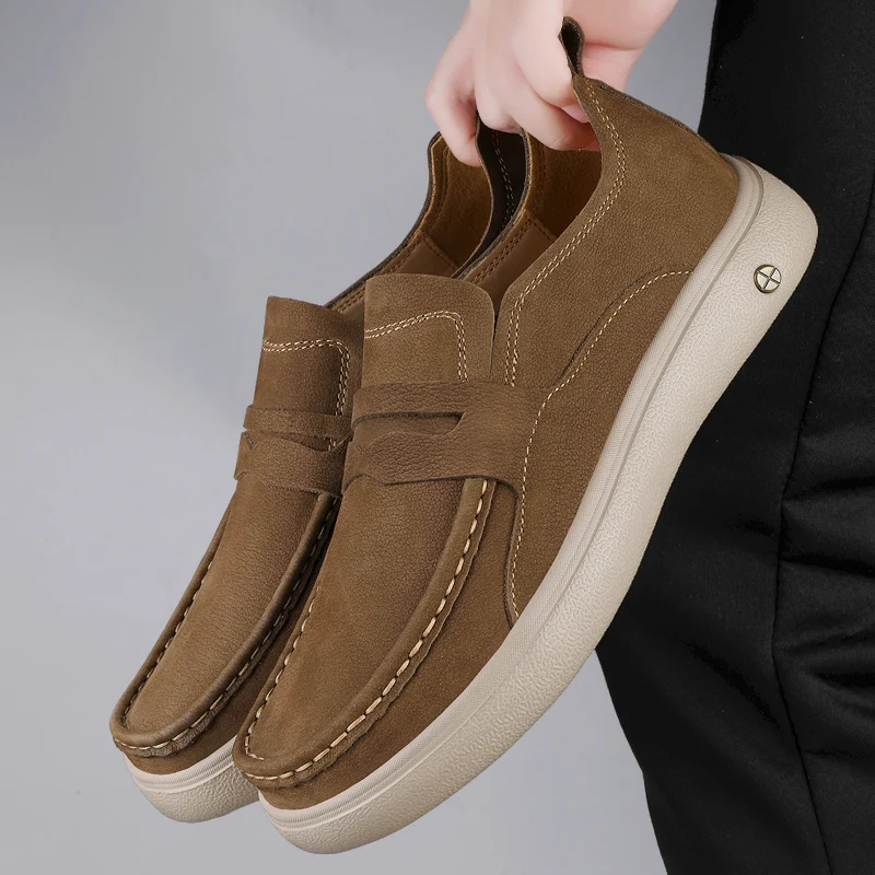 Spring New High Quality Men Round Headed Suede Leather Loafers Men's Top Layer Fashionable and Comfortable Casual Leather Shoes