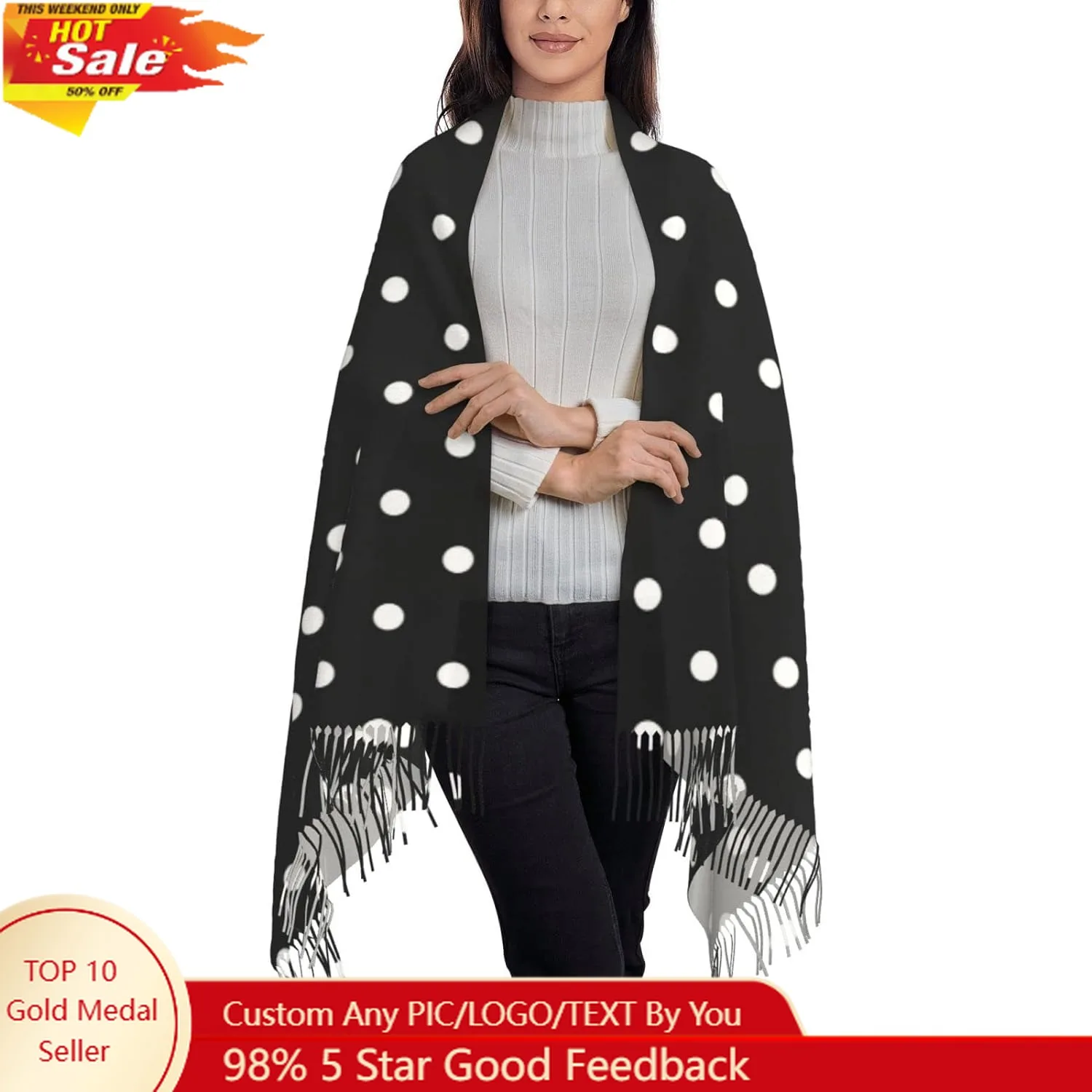 

Polka Dot Black and White Simple Pattern Scarf Long Shawl Wraps Pashmina for Women Girls with Tassels Soft Warm Cozy