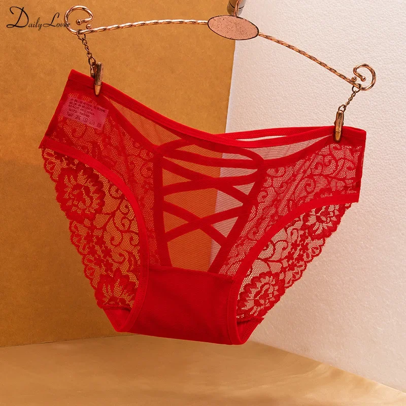 1PC Sexy Red Panties Lingerie Briefs Natal Year Red Lace Women White Underwear Hollow Out Lady Low Waist Underwear Underpants