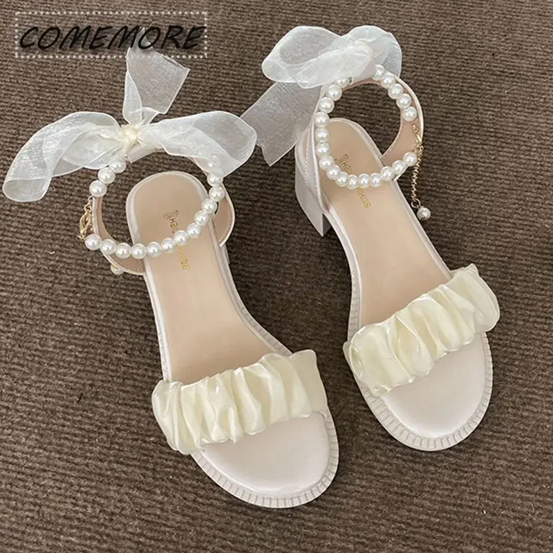 Middle Heels Elegant Female Sandal Fashion Women Platform Sandals Shoes 2024 Casual Buckle Strap Luxury Beige Comfort Round Toe