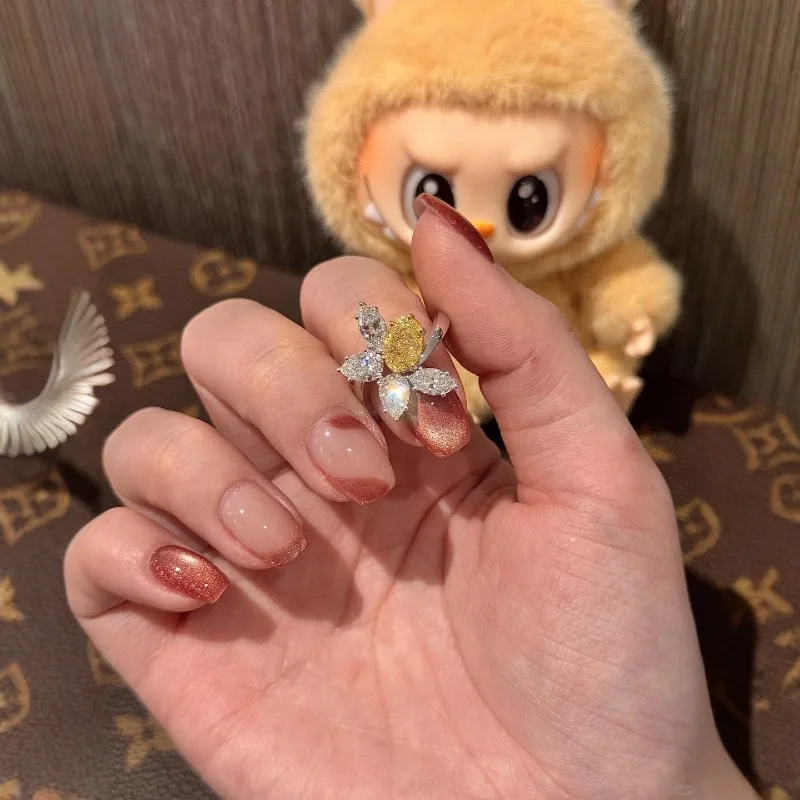 خاتم نسائي أنيق وبسيط على شكل قطرة ماء من الزركون الأصفر والأصفر، قطعة واحدة من الشعر