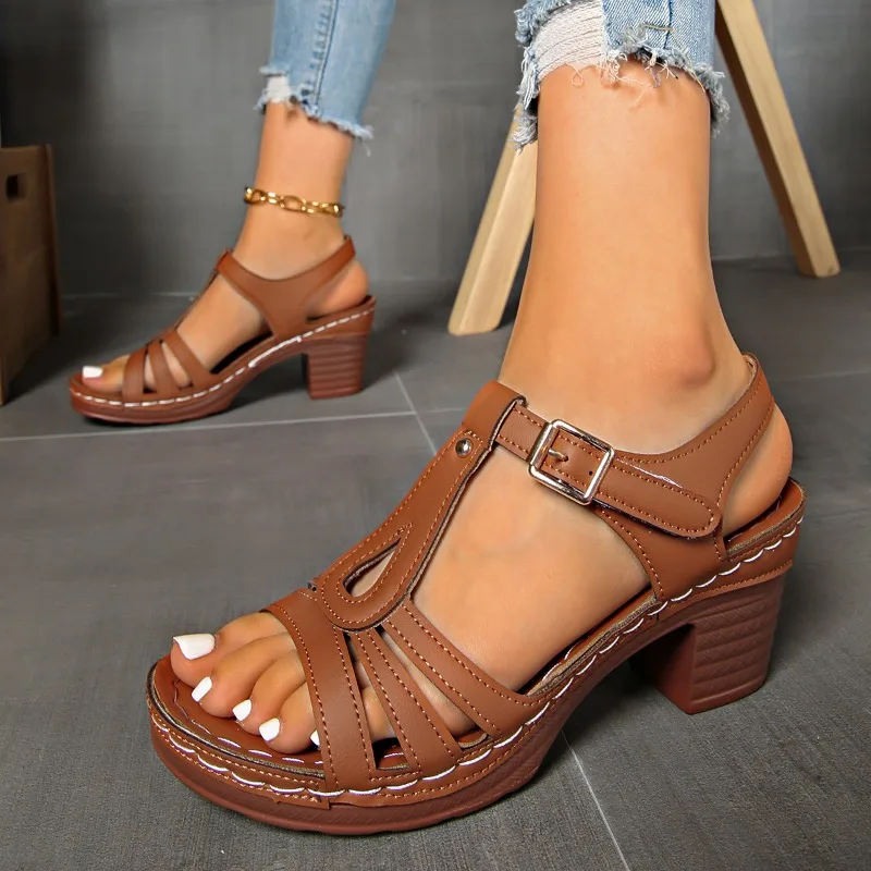 

Summer Plus Size Sandals Women's New Round Toe Open Toe Cutout Car Stitch One Buckle Strap Block Heel Fish Mouth High Heels