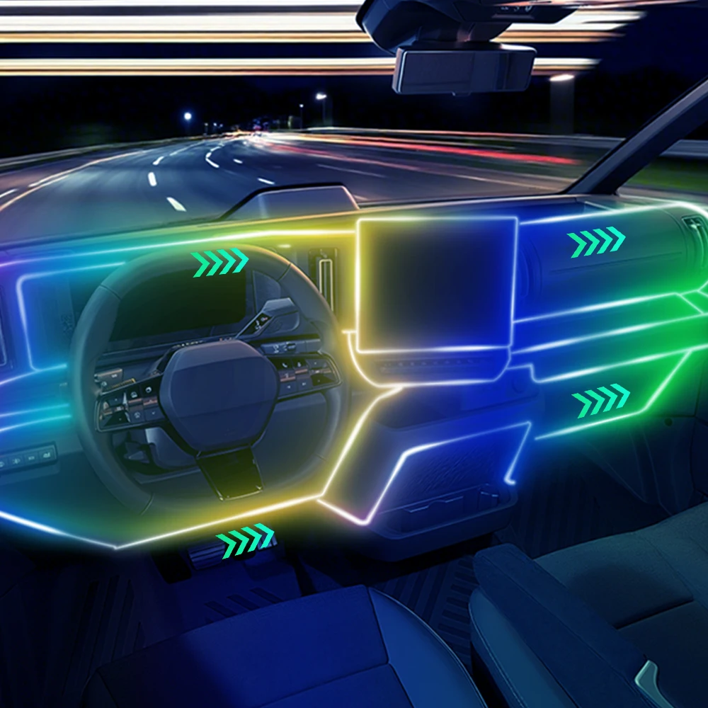 

Акриловый комплект окружающего освещения RGB для салона автомобиля, двухзонное управление через приложение, 213-цветная полоса-стример для декора приборной панели, двери, стеллажа для ног