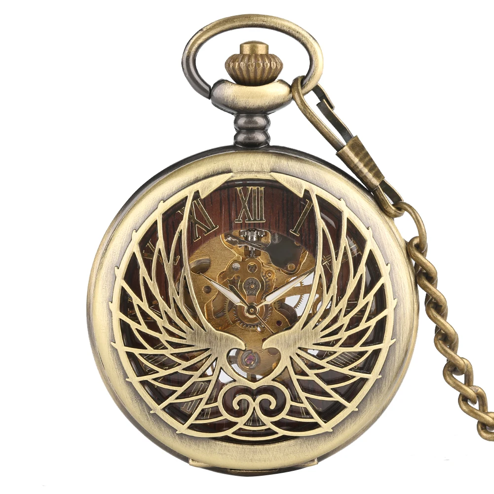 

Bronze Hollow Love Wings Mechanical Hand Winding Pocket Watch Men with Pocket Chain Vintage Pendant Pocket Clock Gift ﻿