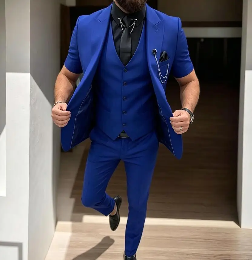 Classic 3 Piece Men Suits Peaked Lapel Short Sleeves Groom Tuxedo Terno Masculino Formal Wedding Prom Suits Blazer Costume Homme