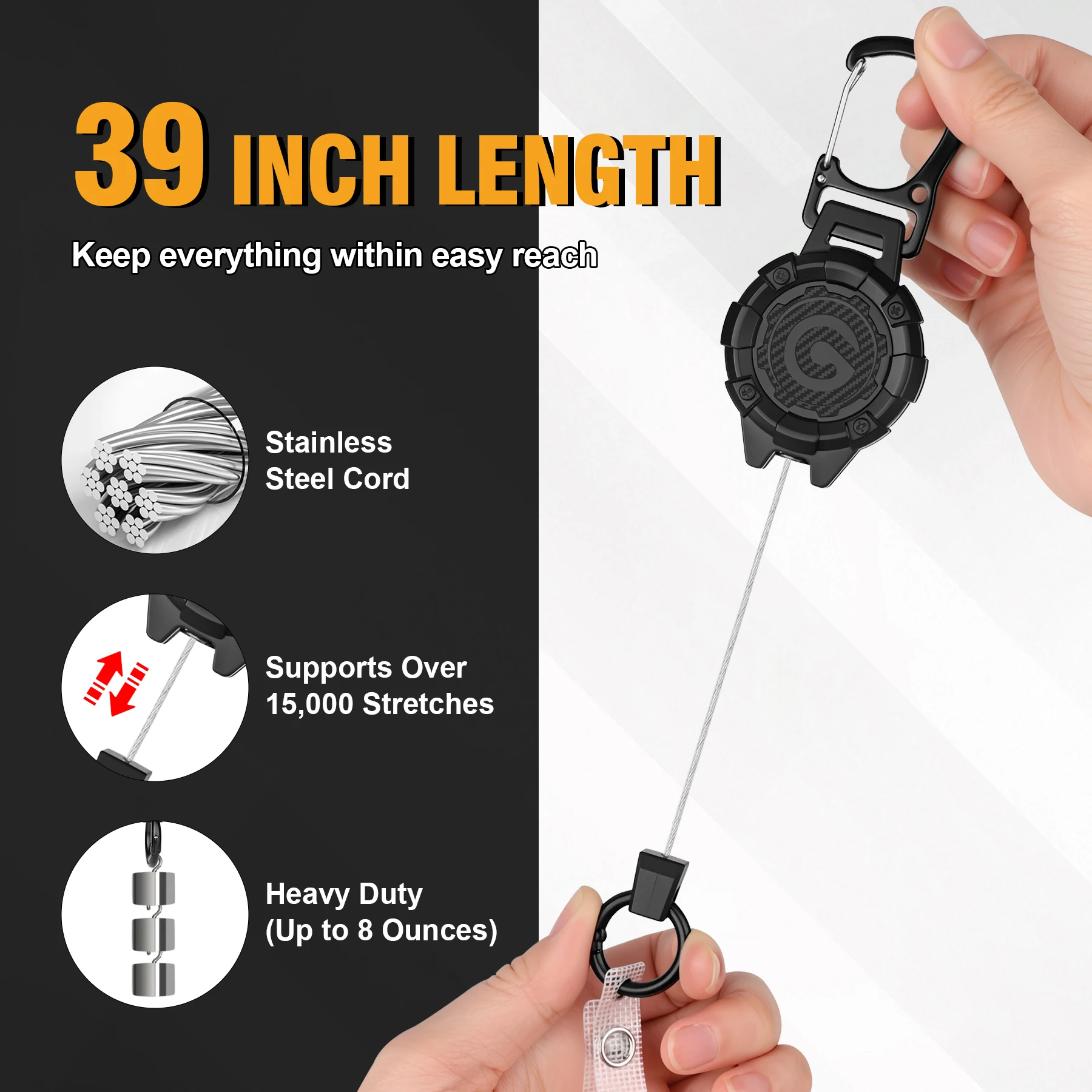 1/2 Set Retractable Keychain Heavy Duty Carabiner Badge Holder Tactical ID Badge Reel with 99cm/39” Steel Retractable Cord