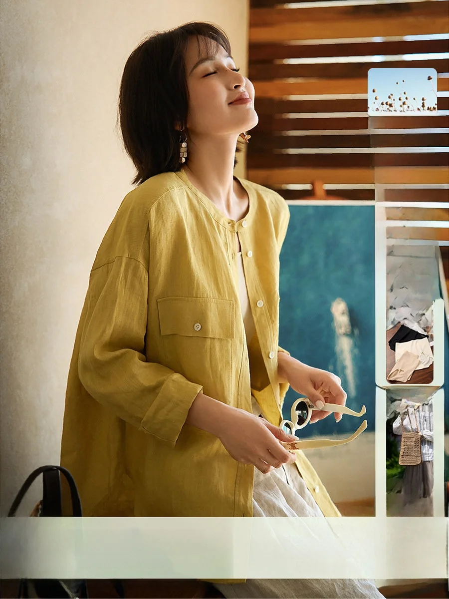 

Простая льняная свободная блузка с круглым вырезом для женщин, новинка Весна 2026, дышащая, удобная, повседневная, для офиса, в стиле OL