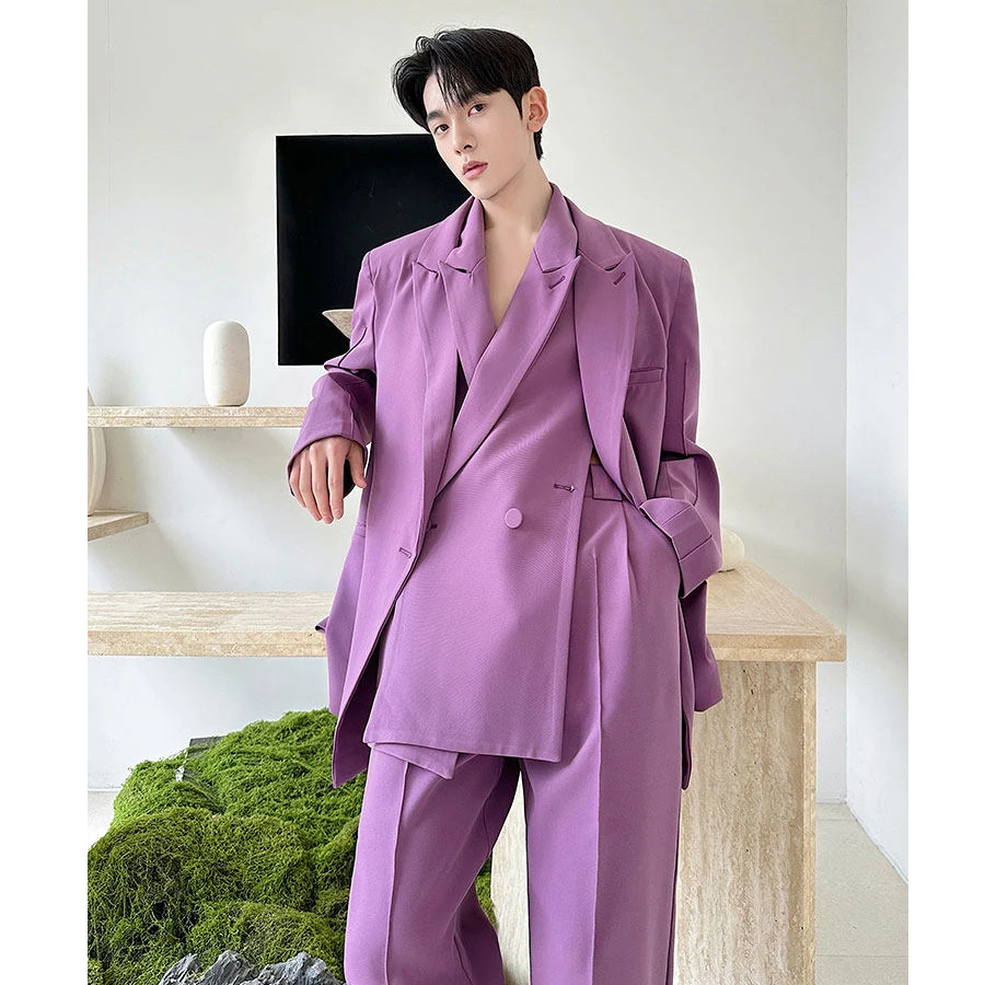 

Мужской костюм в стиле ретро из Гонконга: фиолетовый комплект с брюками, корейский высококачественный смокинг для повседневной носки, молодежный свободный крой