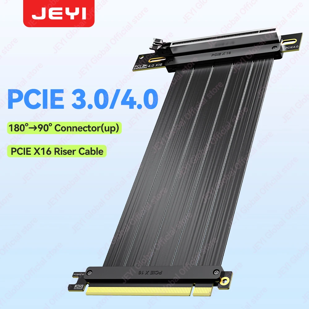 

JEYI PCIE 4.0 Riser Cable 90 градусов, удлинительный кабель PCIe 3.0/4.0 x16, экранированное расширение графического процессора EMI для RTX 4090/4080/4070/7900XTX