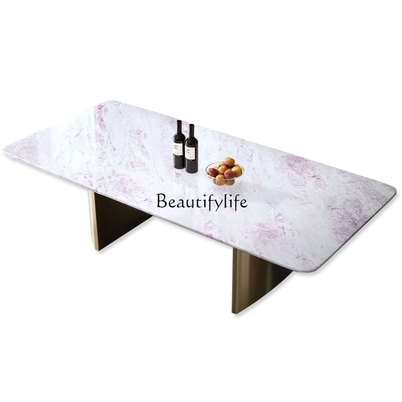 

Imported Rainbow Rose Luxury Stone Dining Table Natural Marble Rectangle Modern Simple Light Luxury Dining Table