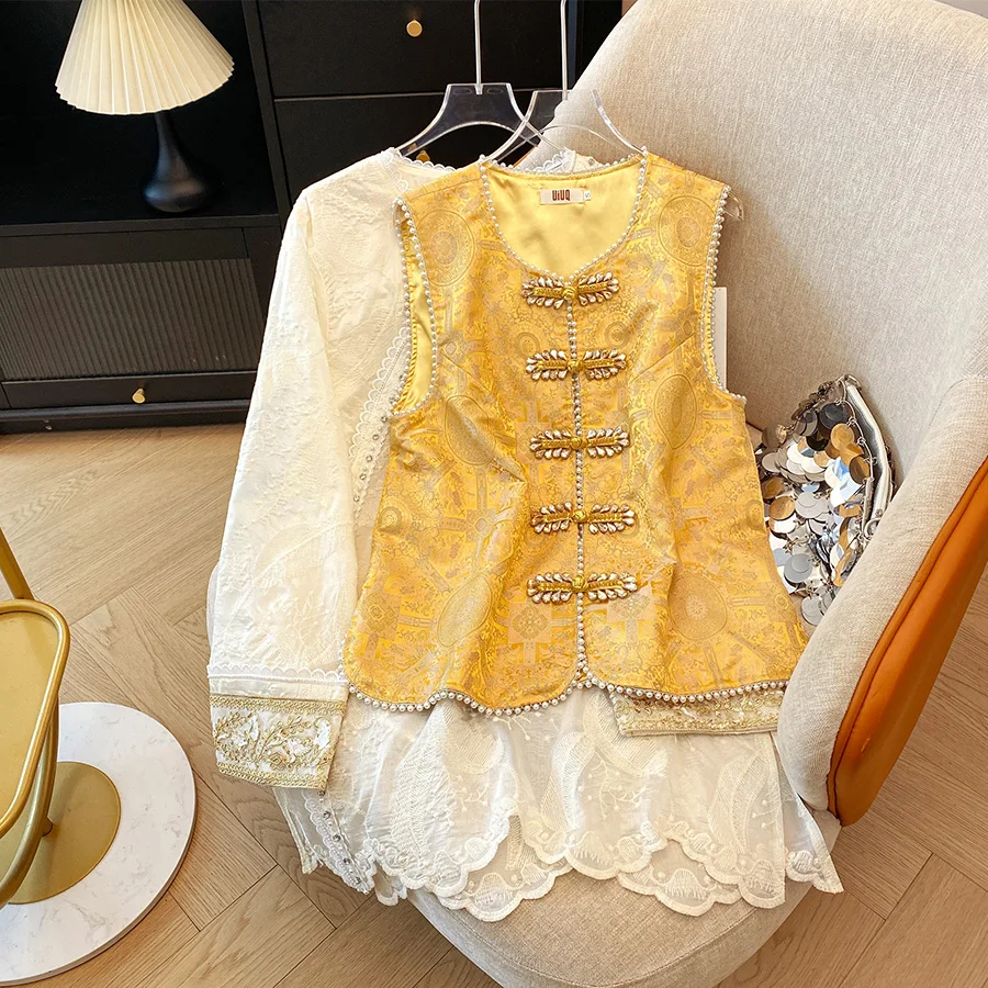New Chinese Style Heavy Embroidery Long Sleeve Top Handmade Beaded Buttonless Vest Golden Jade Presenting Splendor Traditiona...