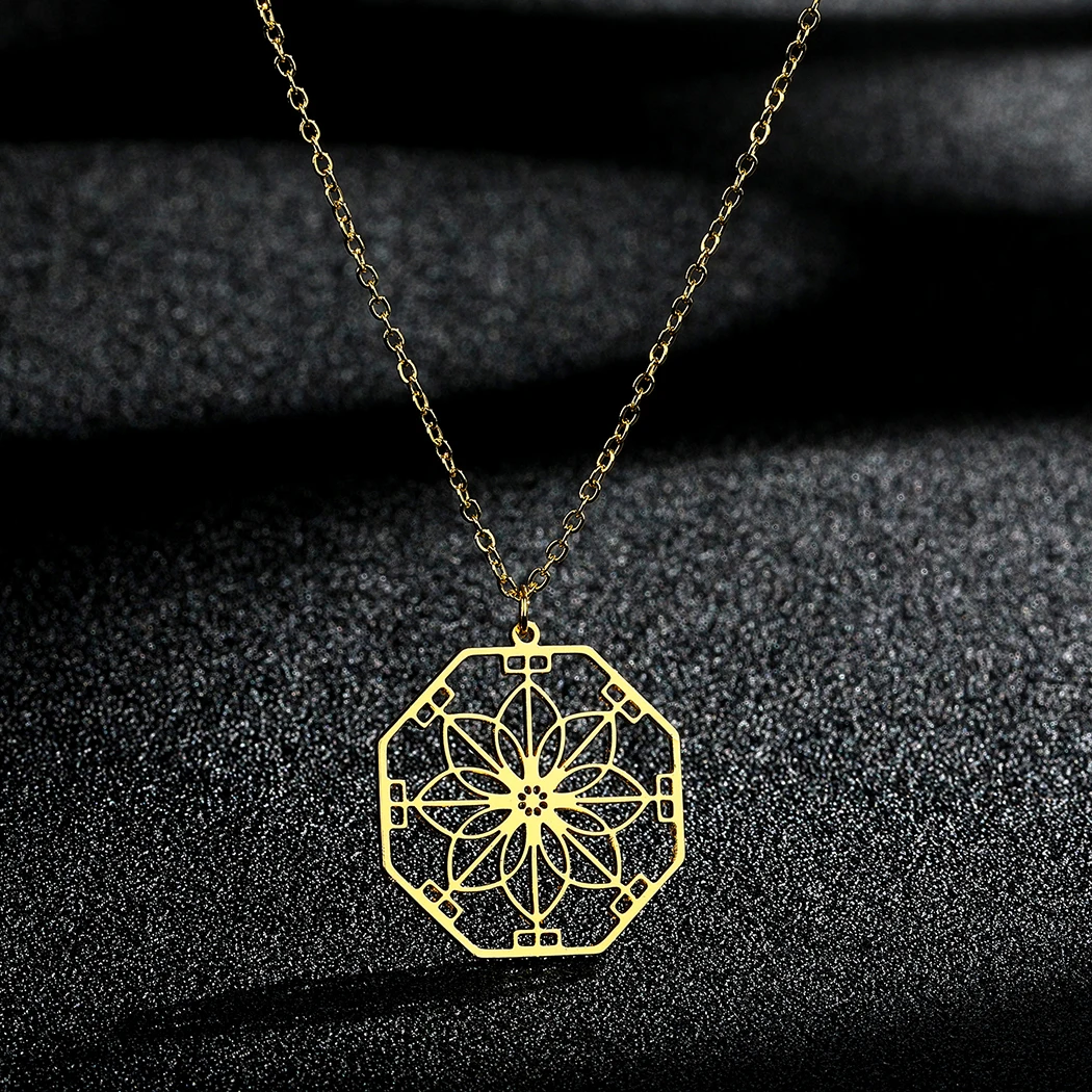 Kinitial Octagon Mandala Flower Pendant Stainless Steel Necklace Women's Fashionable Bohemian Style Birthday Gift Jewelry