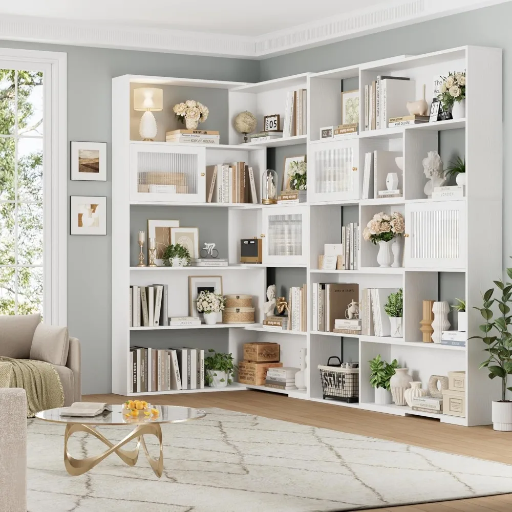 "رف كتب زاوية مكون من 5 طبقات مع أبواب، وخزانة كتب طويلة للتخزين للعرض والتنظيم"