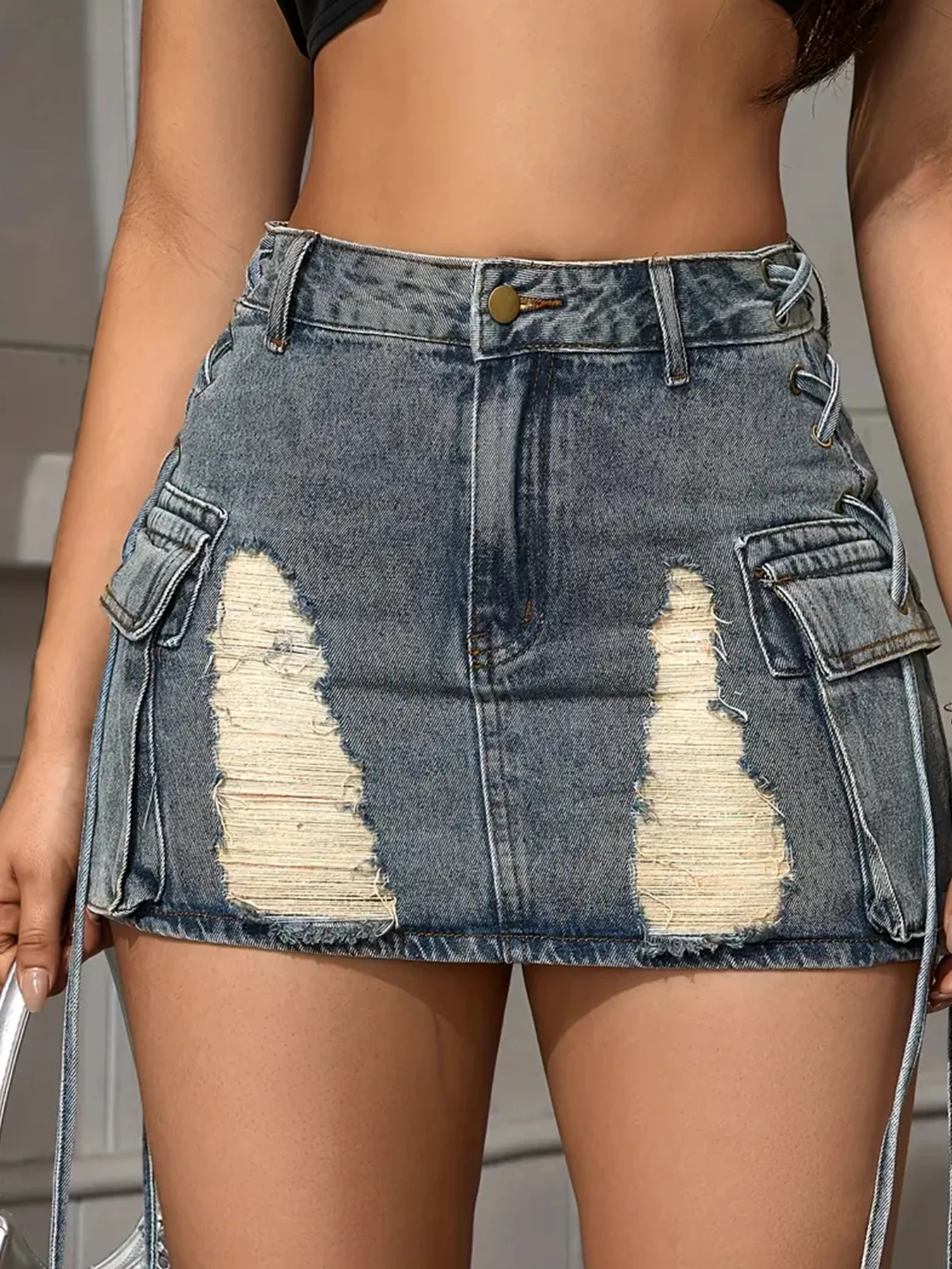 

New Women's Vintage Distressed High Waisted Mini Denim Bag Skirt with Side Straps and Side Pockets, a Must-Have Skirt for Summer