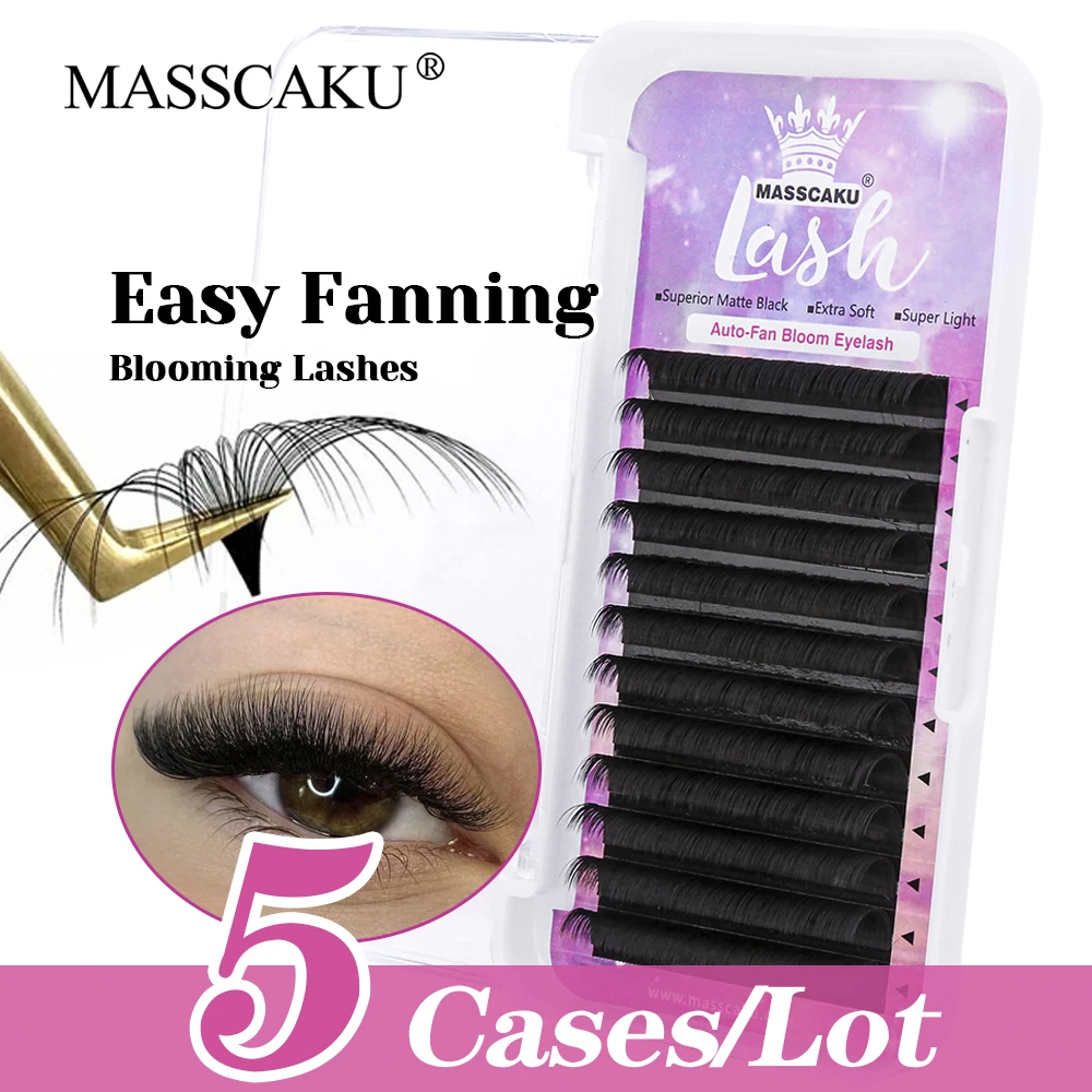 

5cases/lot MASSCAKU Matte Deep Black Handmade Easy Fanning Lash Individual Long-lasting Fast Blooming Lashes for Beauty Salon