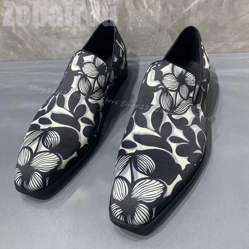 플로럴 프린트 스퀘어 토 로우탑 남성 로퍼 패션 슬립온 남성 신발 명품 수제 파티 연회 데이트 남성 드레스 슈즈