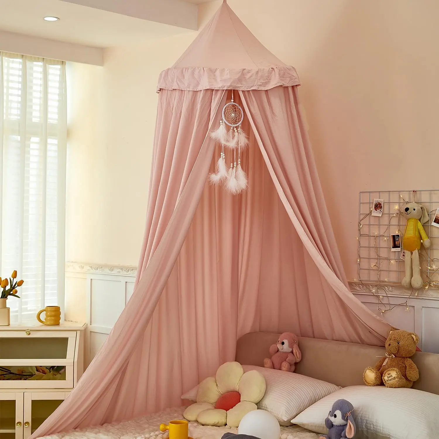 

Rainbow Princess Bed Canopy for Girls, Soft Durable Mosquito Net Tent for Kids Room Decor (Pink)