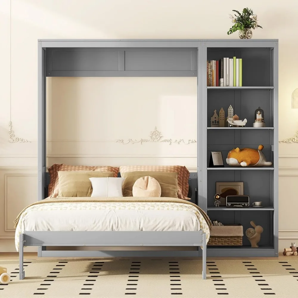 Queen Murphy Bed Wardrobe, Wood Wall Bed Frame can be Folding into a Cabinet, Multifunctional Foldable Platform Bed Frame