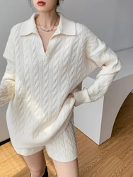 Autumn Knitted Long-sleeved Sweater Two-piece Set Women's Short Sets Polo-Neck Pullover and Shorts Casual 2 Piece Set for Women