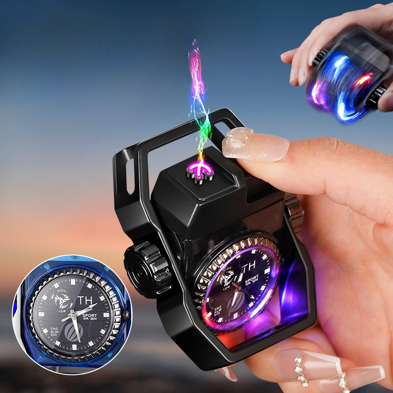 Metal True Watch Gyroscope Double Arc Pulse Windproof Charging Lighter Cool LED Colored Light Fashionable USB Electric Lighters