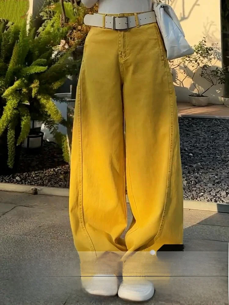 

Желтые широкие джинсы-клеш для женщин, свободные, комфортные, в пол, осень-зима, новинка, в американском стиле, с низкой посадкой