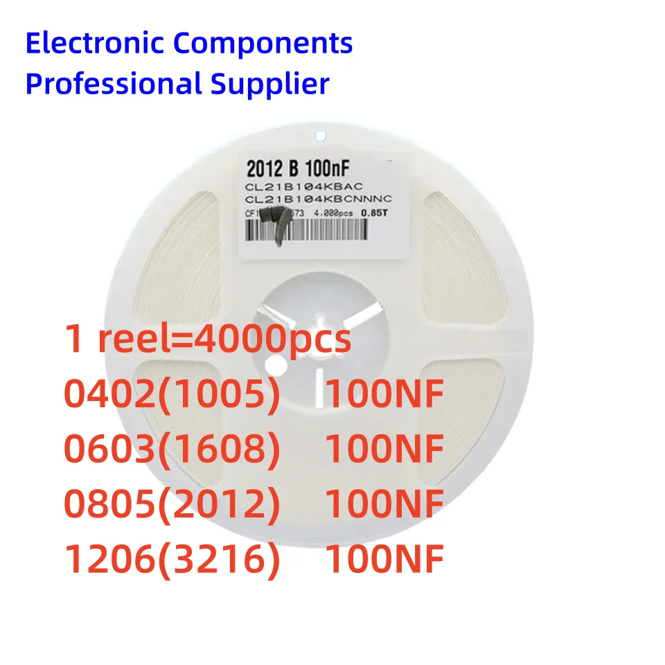 

4000pcs 1 reel 0402 0603 0805 1206 capacitor 100nf 104K 0.1UF x7r 104M 50V SMD capacitor full reel 10% CL10B104K CL21A104