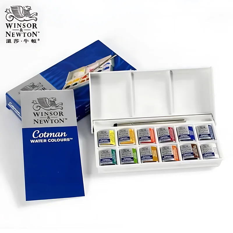 Winsor&Newton Cotman Portable Travel 12 Color Solid Watercolor Paint Sketch Half Pan Palette Watercolor Brushes Art Supplies