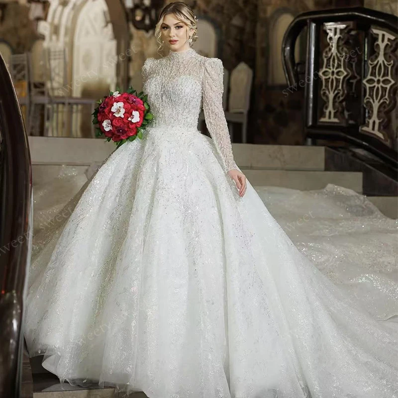

Luxurious Wedding Dress High-Neck Organza With Embroidery Beading Ball Gown Fullsleeve Customized Bride Lace Up Vestido De Novia
