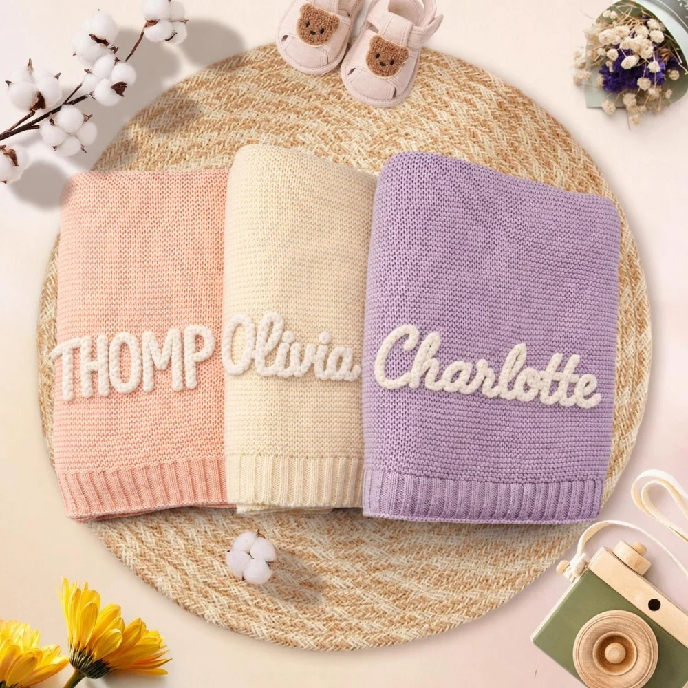 Personalized Name Knitted Blanket Rope Embroidery Soft Skin‑Friendly Newborn Swaddle Stroller Wrap Keepsake Baby Shower Gift