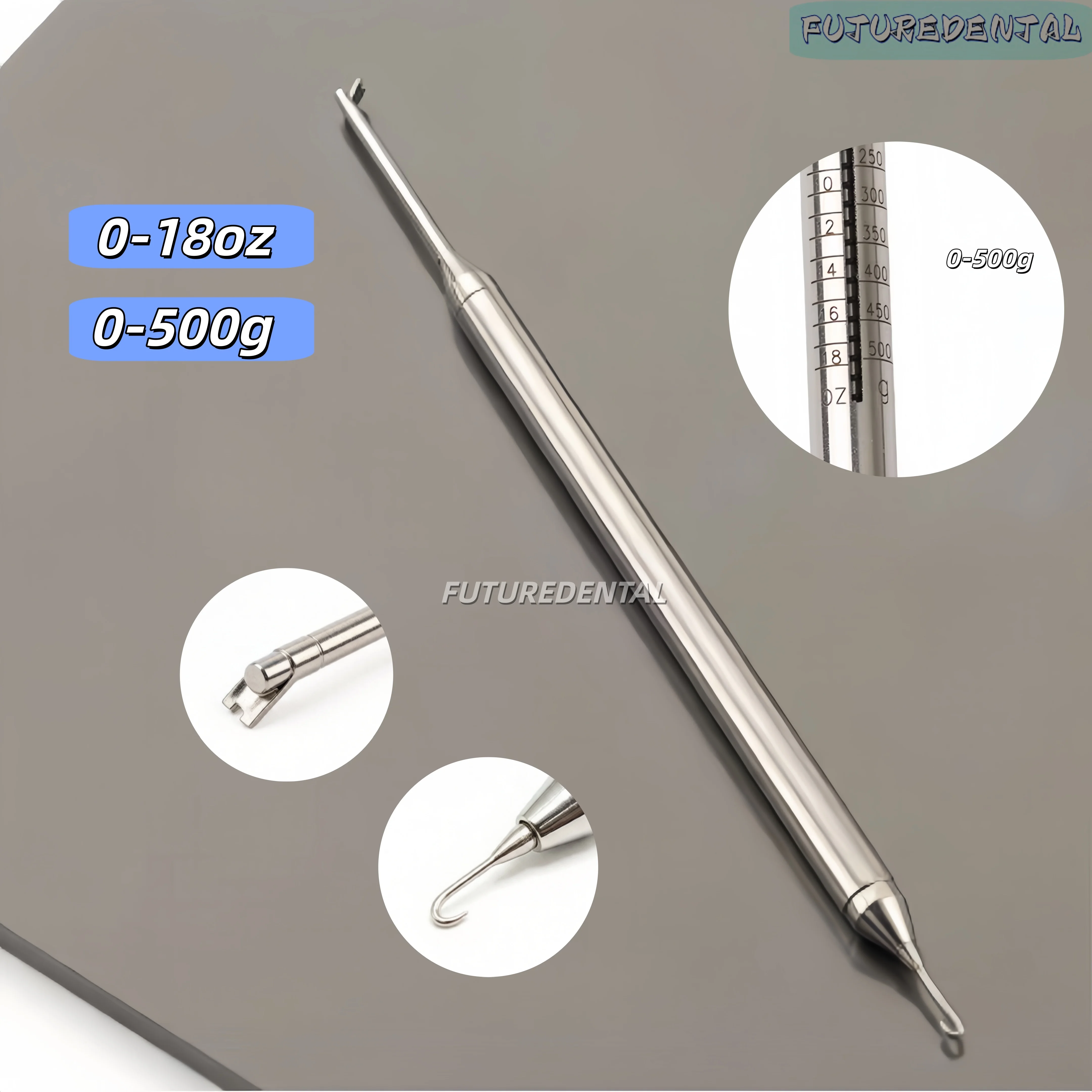 Dental Orthodontic Dual-Ended Dynamometer  0-500g & 0-18oz Scale for Orthodontic Wire Tension & Implant Torque Measurement