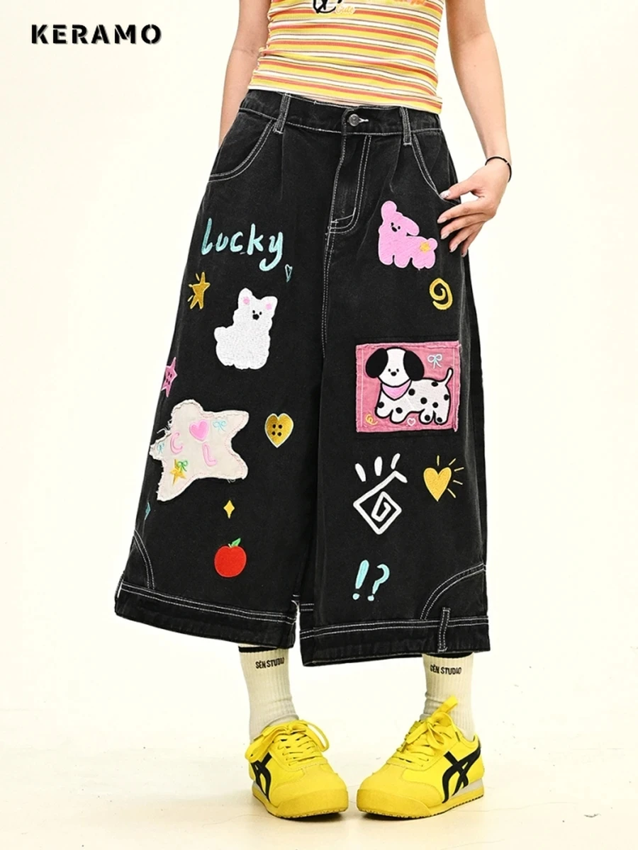 

2025 Summer Women's Y2K Casual Calf Length Pants Sweet Vintage Harajuku Jeans Street Baggy Punk Cartoon Print Denim Trouser