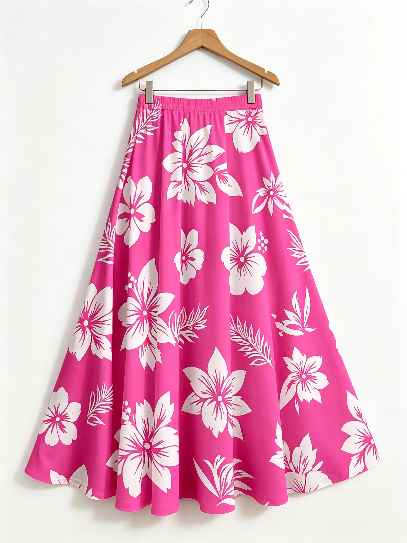 Women Hawaiian Tropical Floral Maxi Skirt Elastic High Waist A‑Line Long Skirt Summer Beach Vacation Loose Flowy Swing Skirts
